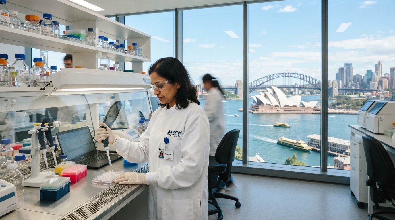 Scientist working in a biotechnology lab overlooking Sydney Harbour