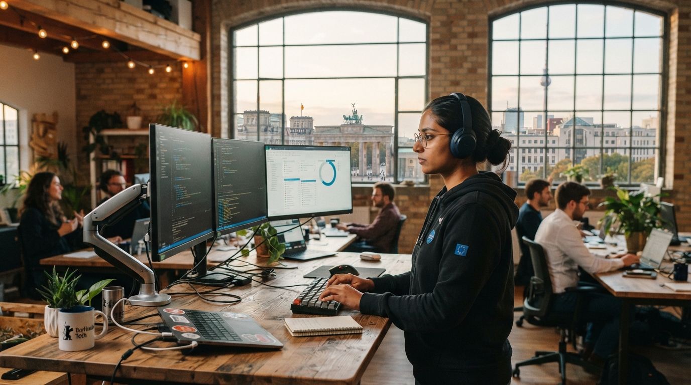 Software engineer at a multi-monitor desk in a Berlin office