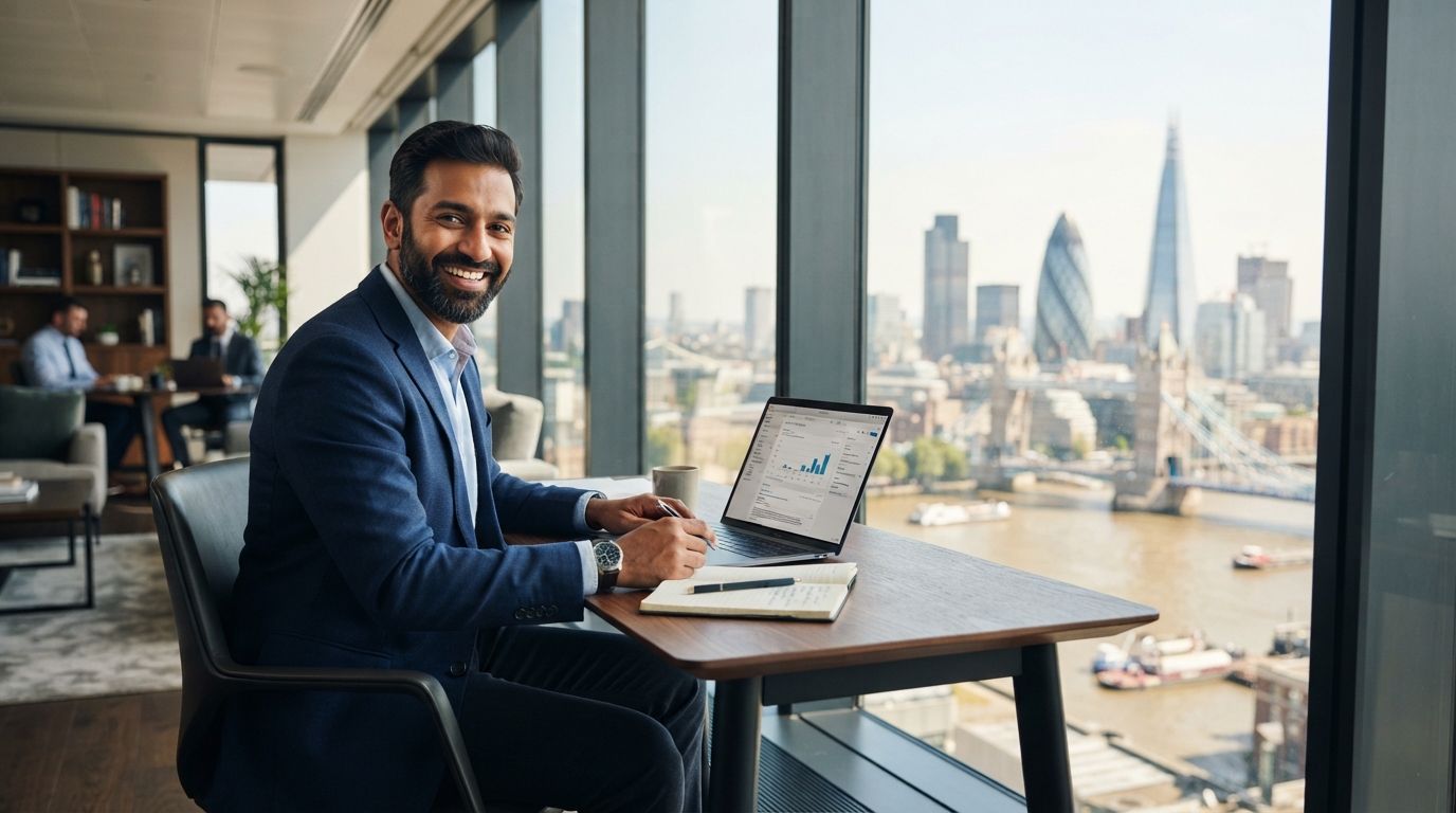 Professional working on a laptop in a London office overlooking Tower Bridge