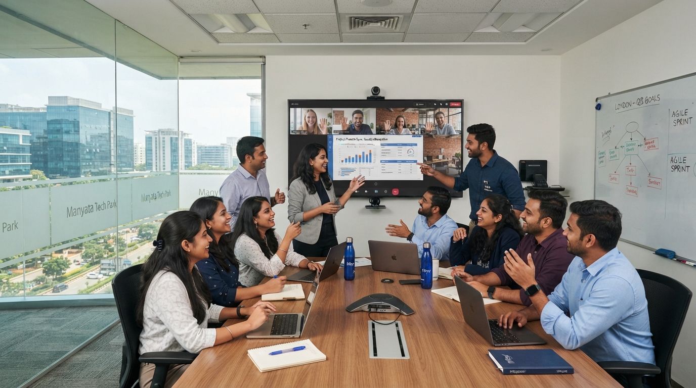 Tech professionals in India on a video call with an overseas team