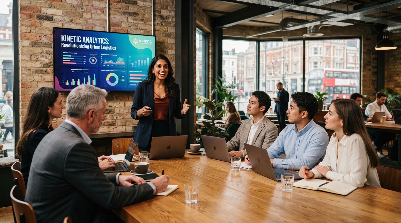 Startup founder presenting a business plan to investors in a London office