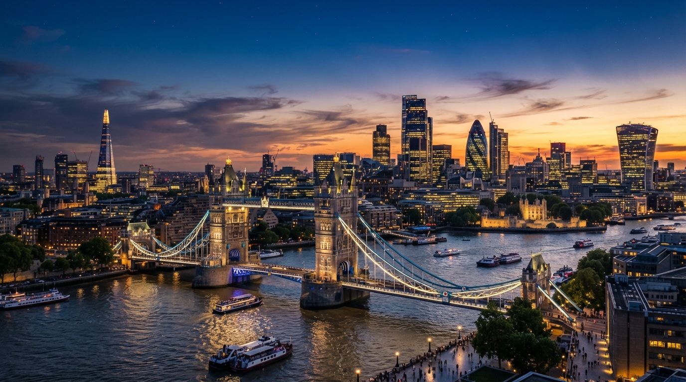 London skyline and Tower Bridge at golden hour