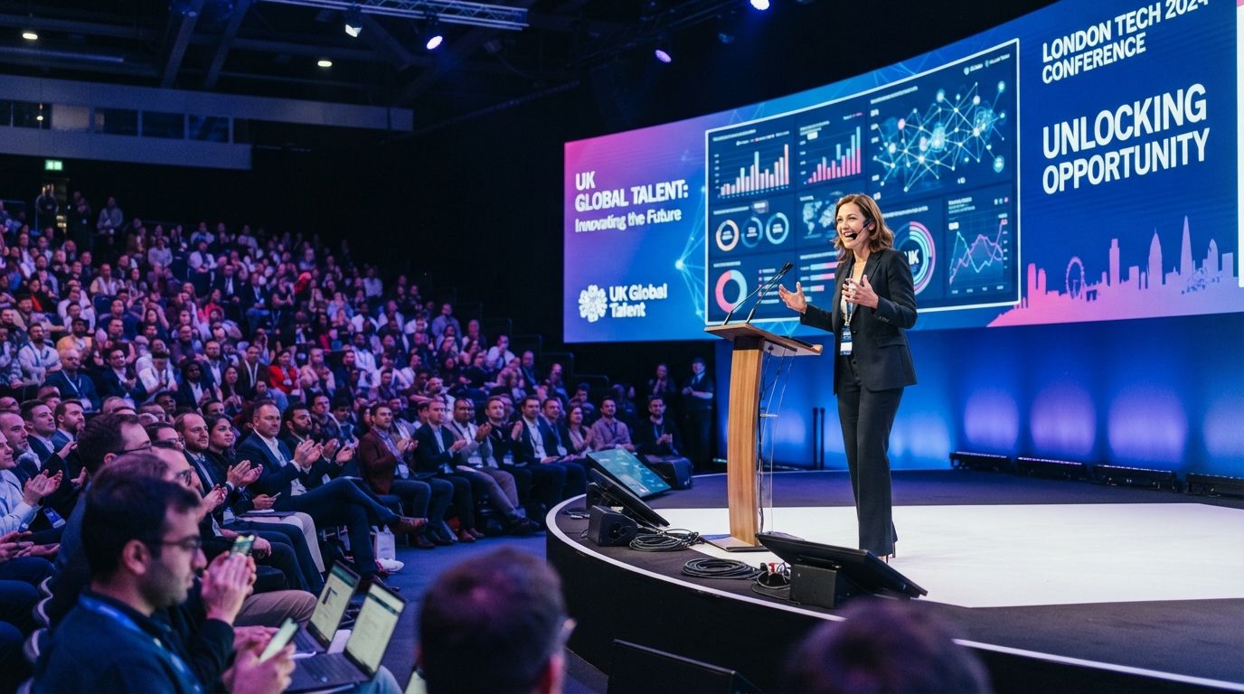 Tech leader speaking on stage at a London technology conference