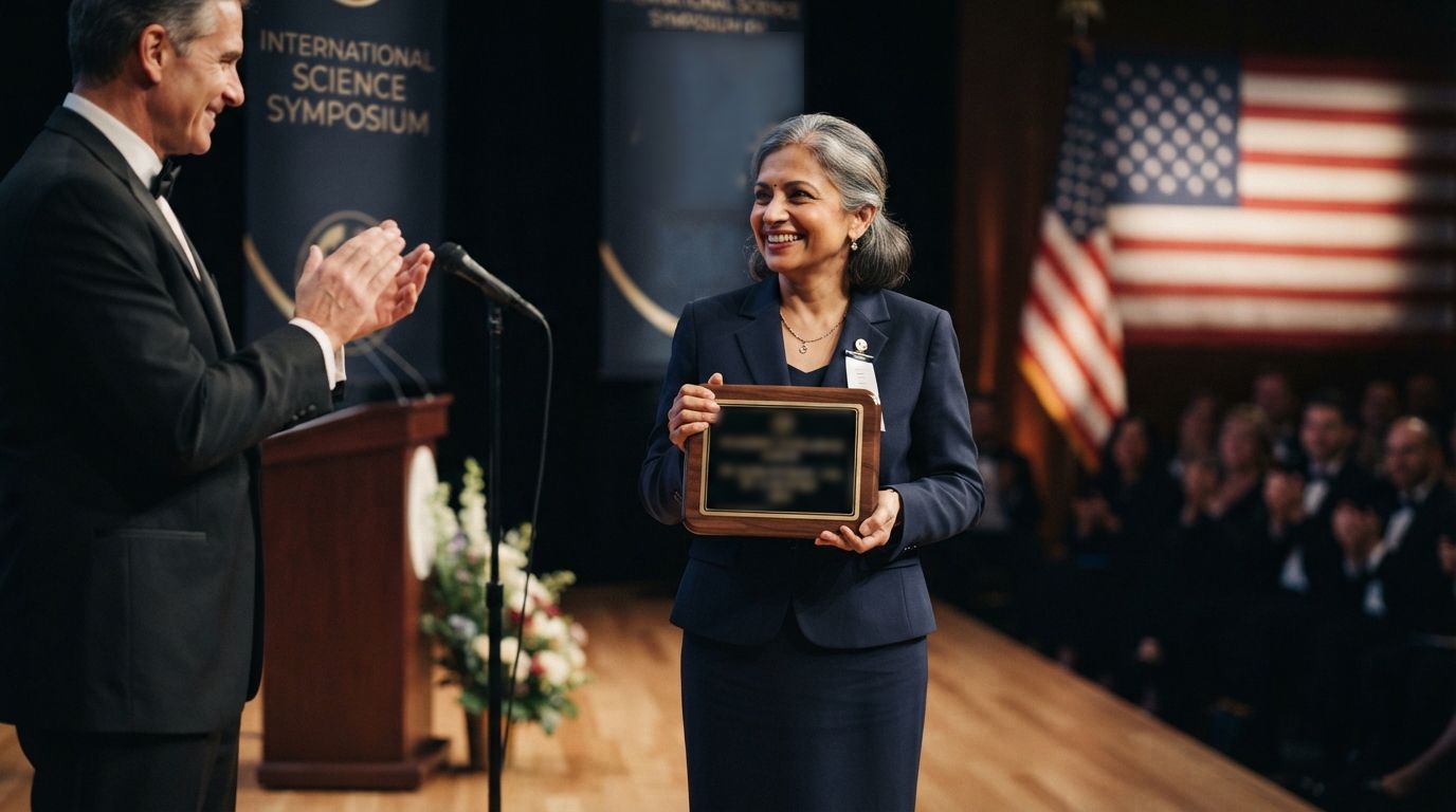 Researcher receiving an academic award on stage