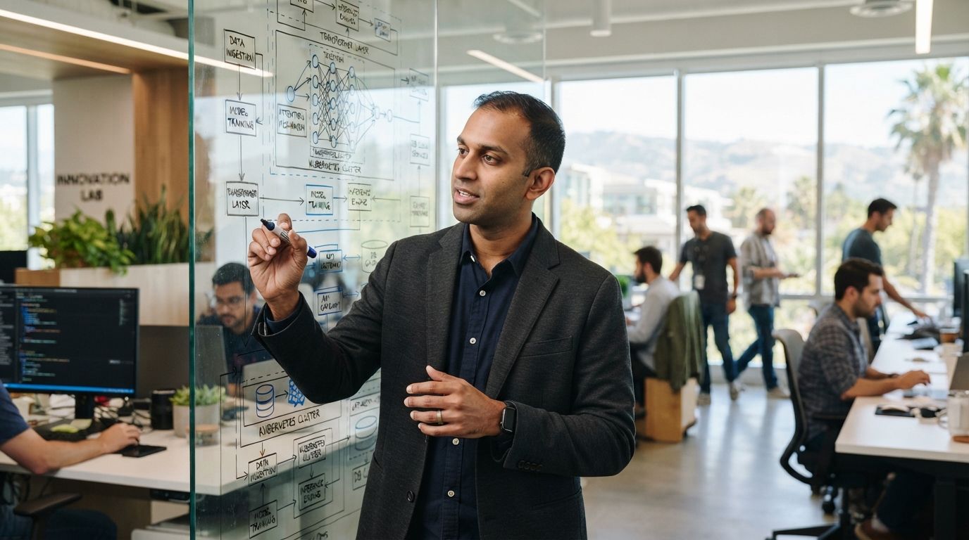 Engineer sketching an AI system design on a glass wall