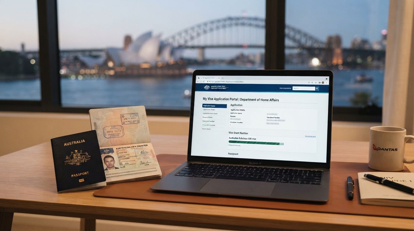 Australian passport next to a visa application on a laptop