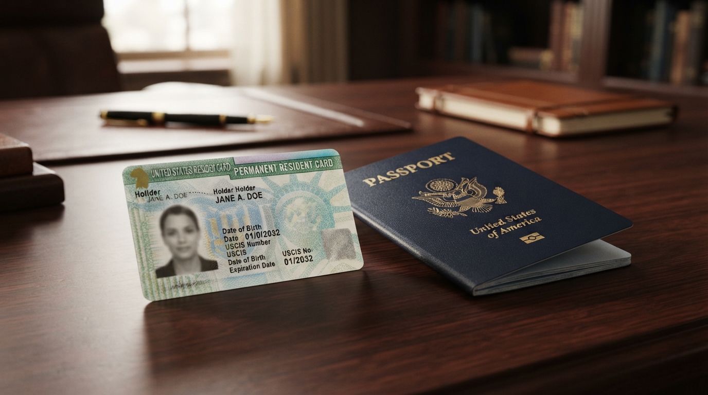 US green card and passport on a desk