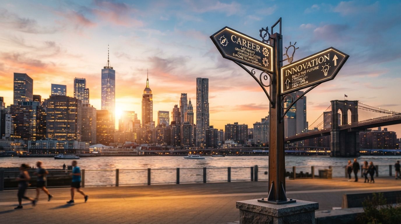 Signpost pointing two ways in front of the New York skyline