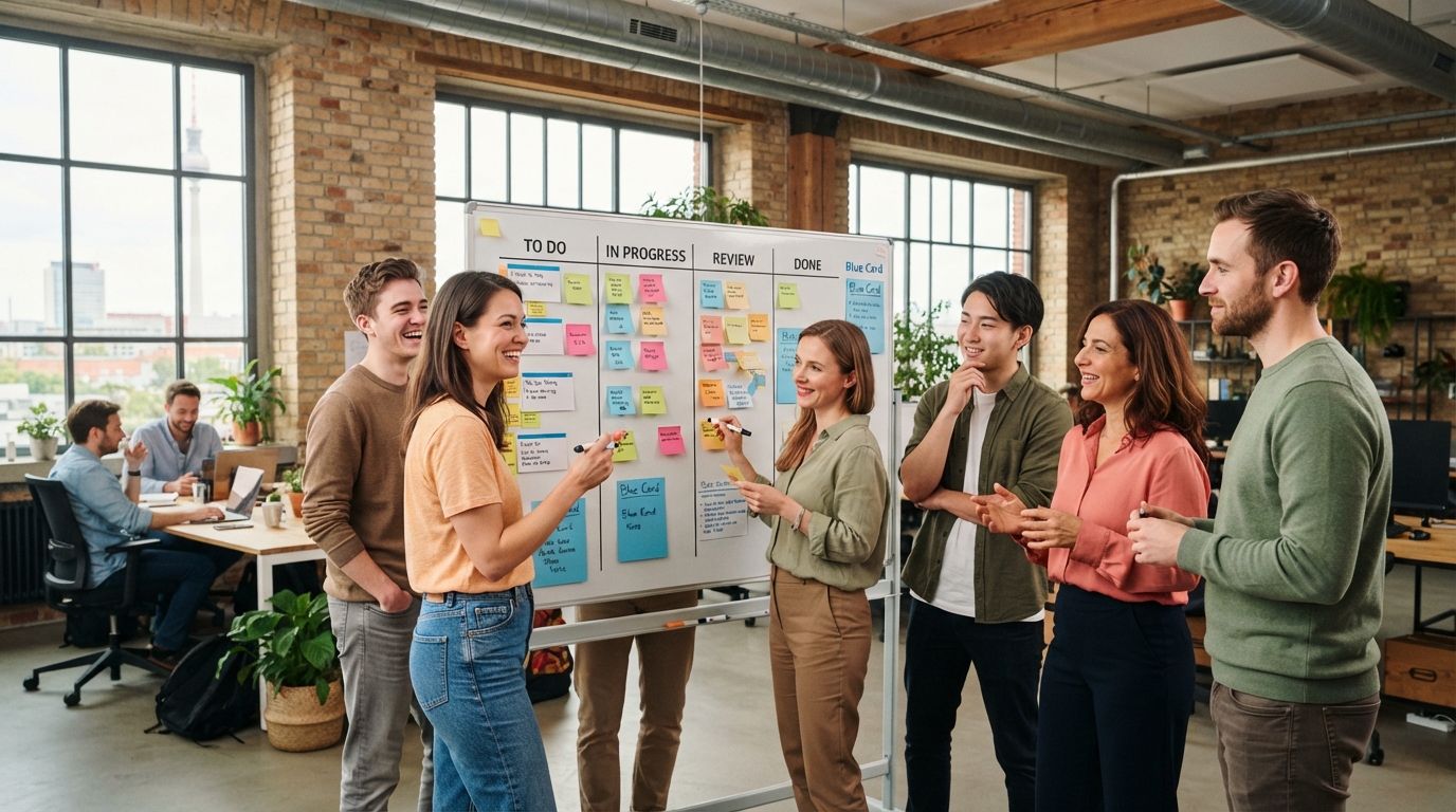 Tech team planning work on a board in a Berlin office