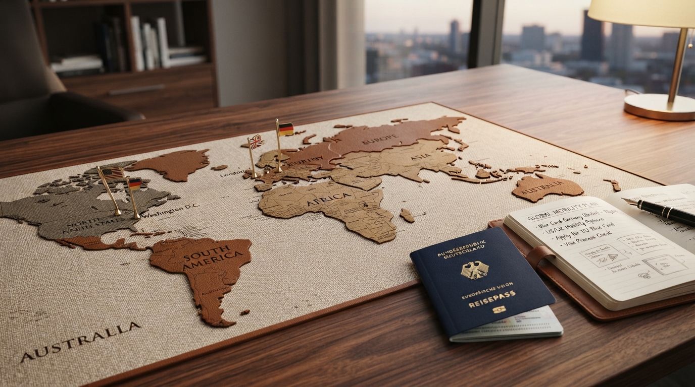 World map on a desk with a German passport