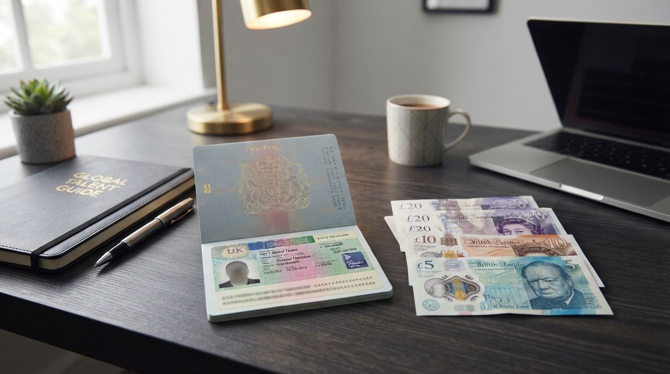 Passport, UK banknotes and a visa document on a desk