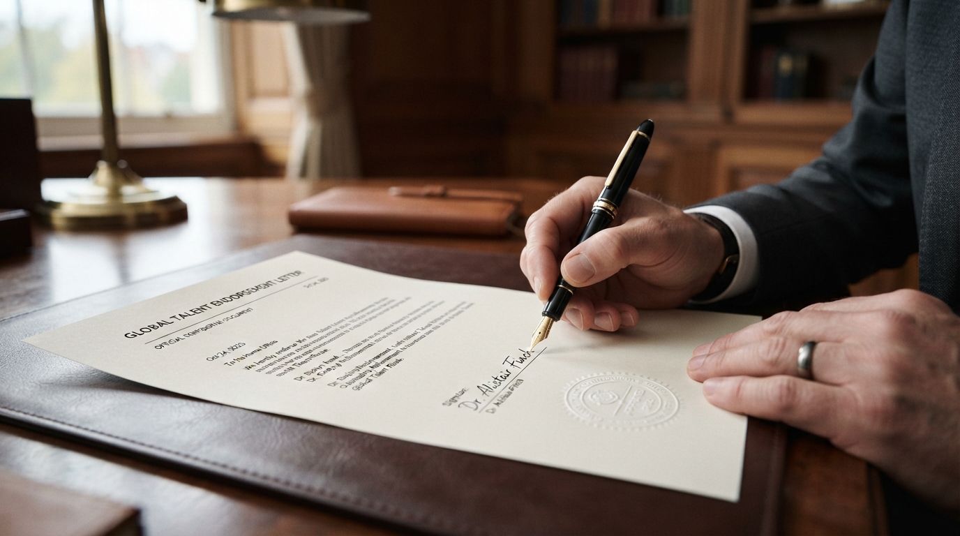 Endorsement letter being signed with a fountain pen