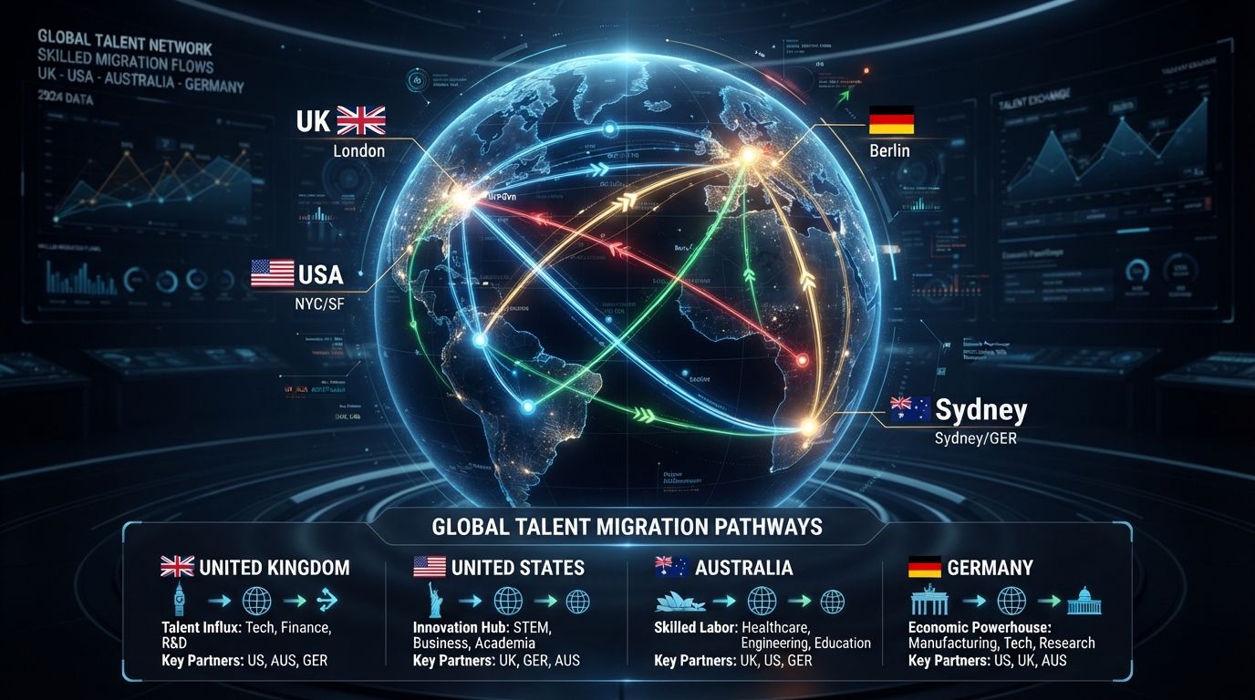 Globe showing routes between the UK, US, Australia and Germany