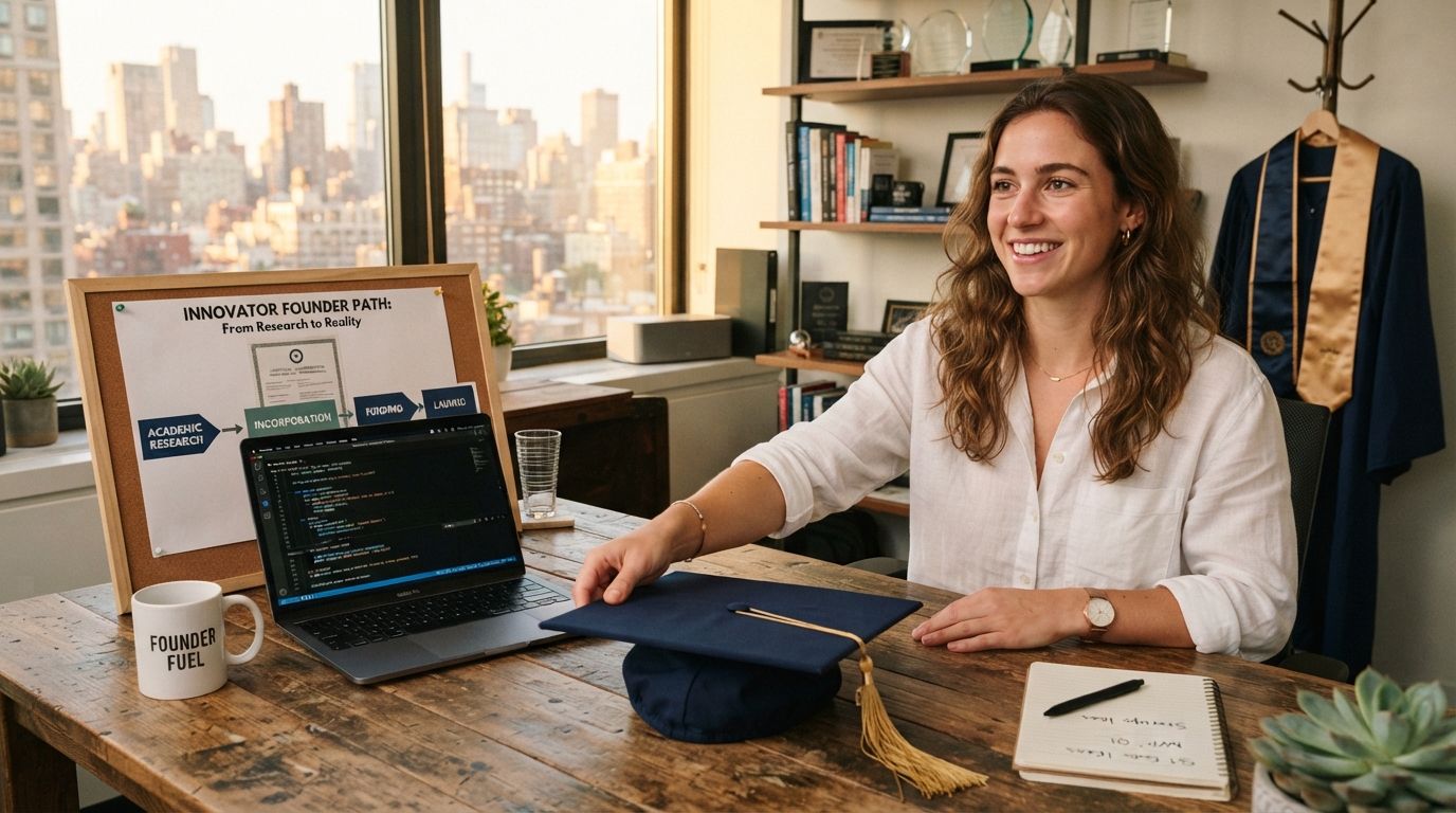 Graduate at a desk with a laptop and mortarboard, planning a startup