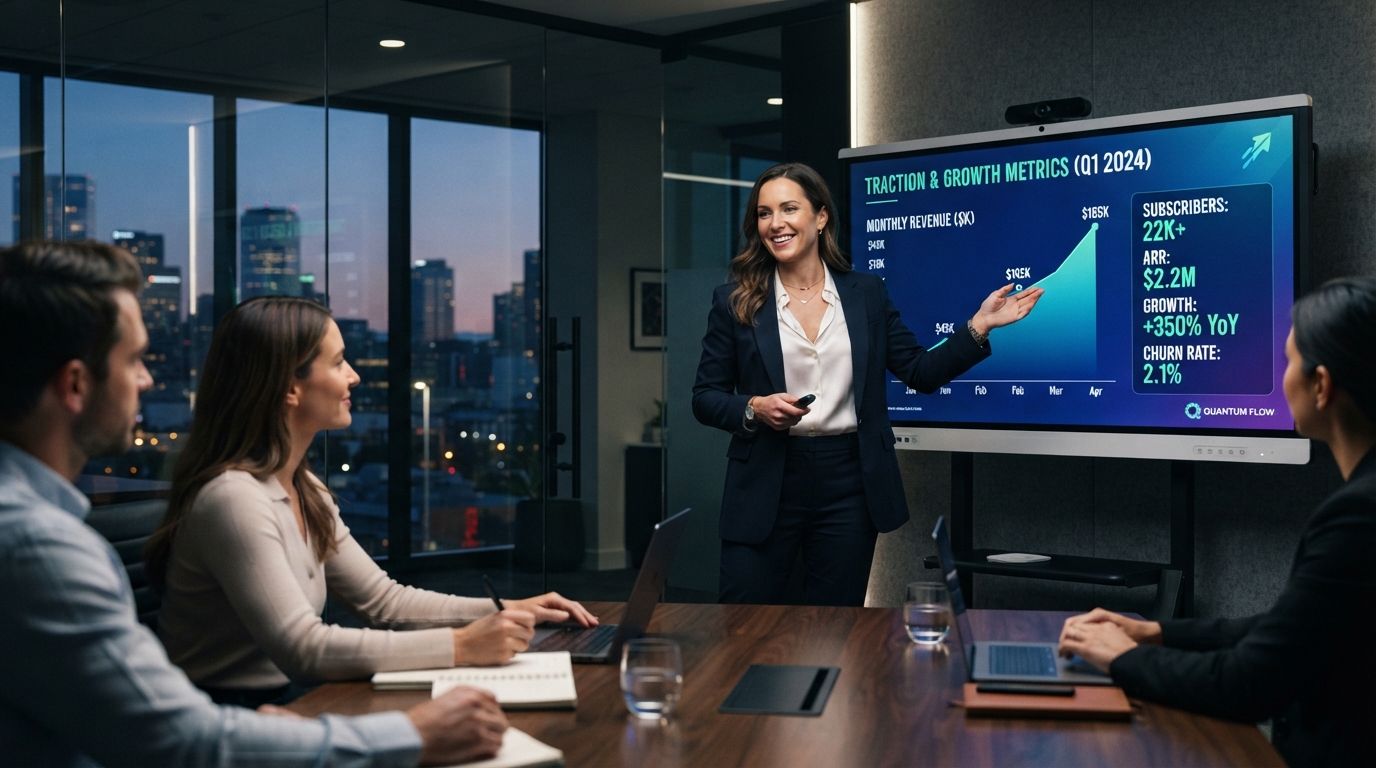 Founder presenting growth metrics in a conference room