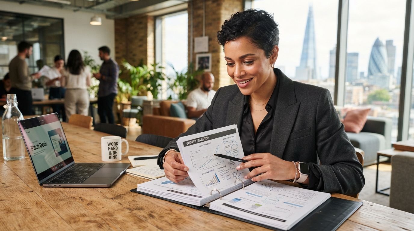 Entrepreneur reviewing a business plan in a co-working space