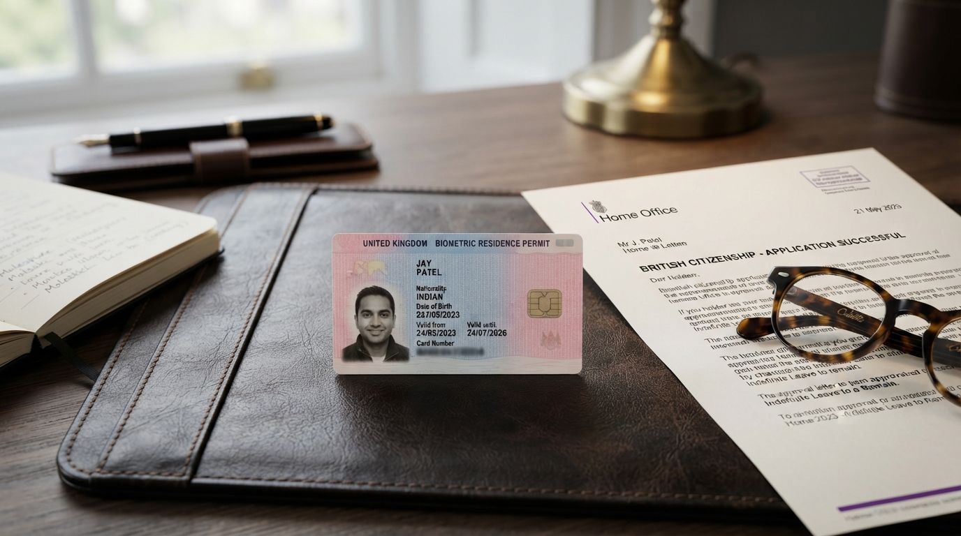 UK residence card and Home Office letter on a desk