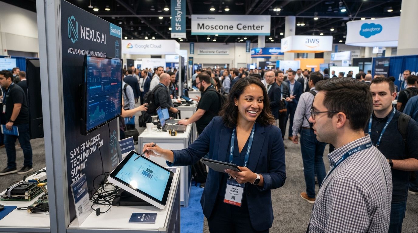 Engineer answering questions at a tech conference booth